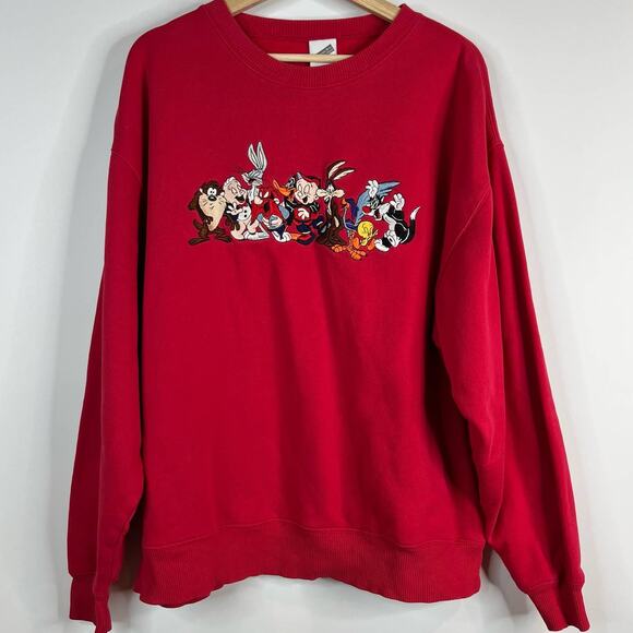 Vintage Warner Bros Looney Tunes Sweatshirt XL Red Oversized Embroidered 90s Y2K - Picture 1 of 11